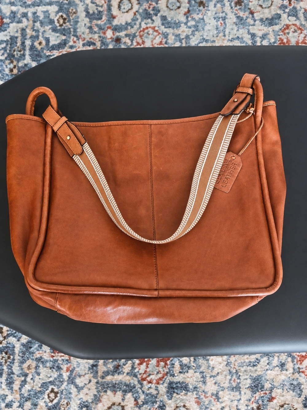 Genuine Leather Buttery Soft Shoulder Tote Bag - Cognac Brown - Picture 3 of 4